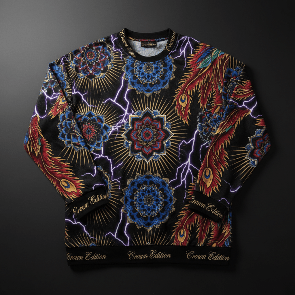 TITAN Crown Edition Tattoo Art Men's Lounge Long Sleeve - bold colorful tattoo artwork on matte black fabric