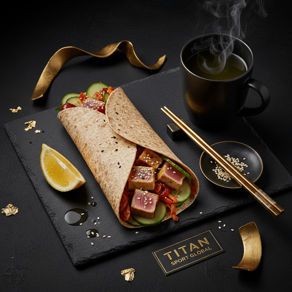 TITAN Korean Spicy Tuna Kimchi Breakfast Wrap flat lay dark luxury