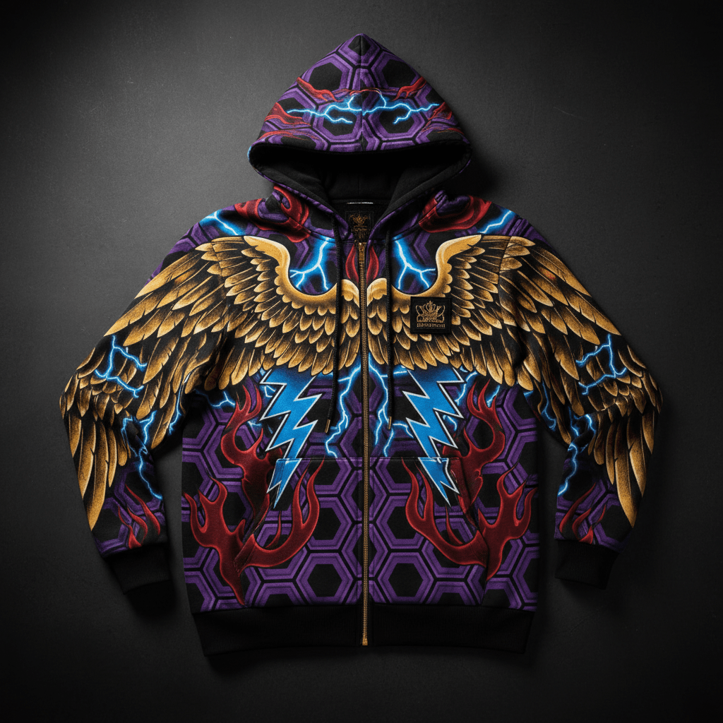 TITAN Crown Edition Tattoo Art Men's Lounge Zip-Up Hoodie - bold colorful tattoo artwork on matte black fleece