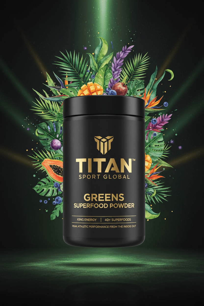 TITAN Greens Superfood Powder — Tropical Botanical Watercolor Design