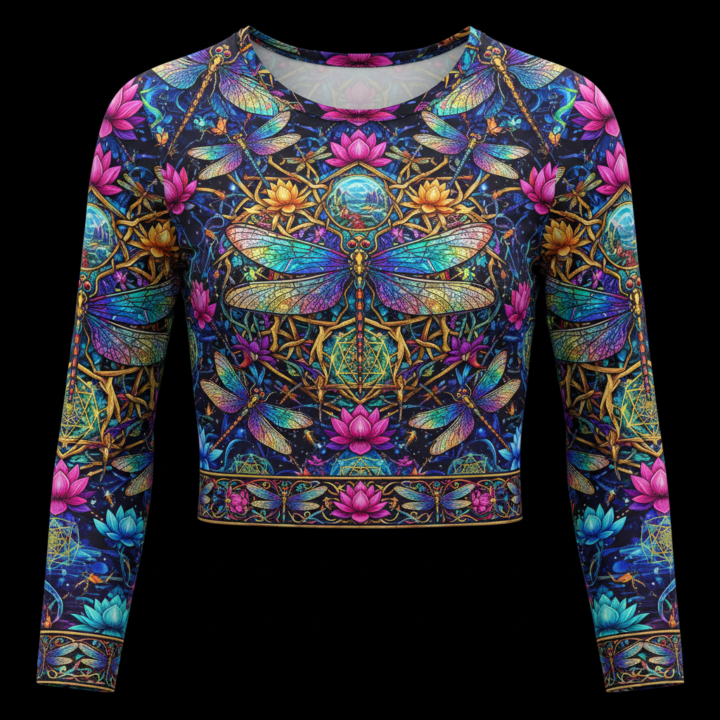 TITAN Women’s Neon Dragonfly Lotus Storm Long Sleeve Crop — Indra’s Net Edition