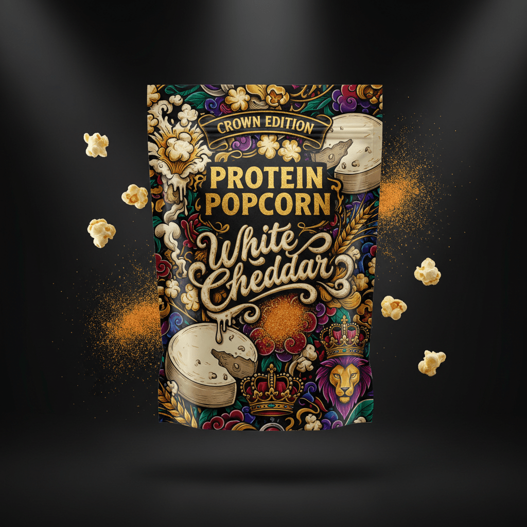 TITAN Protein Popcorn White Cheddar — Crown Edition bold tattoo-style artwork