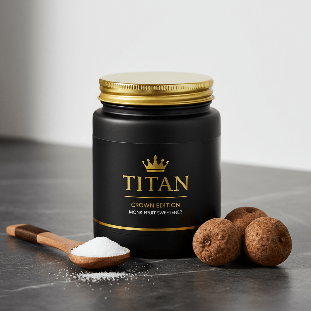 TITAN Monk Fruit Sweetener Zero Calorie Crown Edition — premium matte black glass jar product shot