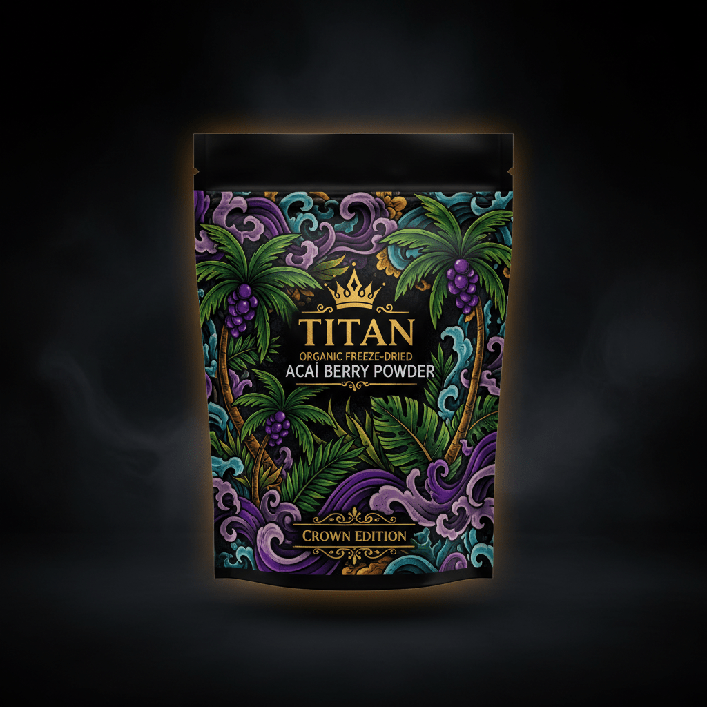 TITAN Organic Acai Berry Powder — Freeze-Dried, Crown Edition tattoo-style artwork