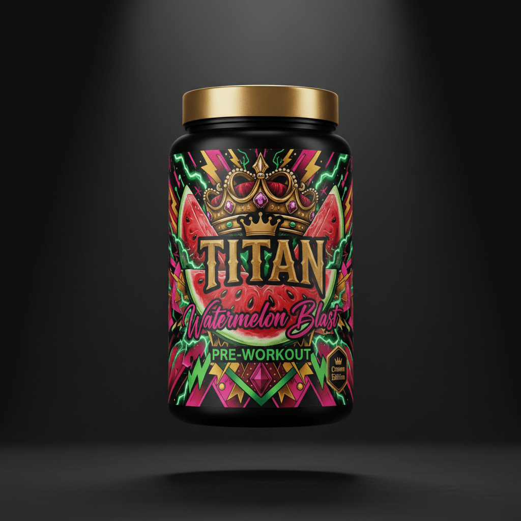 TITAN Pre-Workout Watermelon Blast container with watermelon slices, lightning bolts and crown tattoo-style Crown Edition artwork in hot pink, electric green and gold
