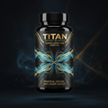 TITAN Taurine Amino Acid Complex black glass bottle with 24K gold accents and electric muscle fiber contraction artwork in ocean blue, aqua and gold