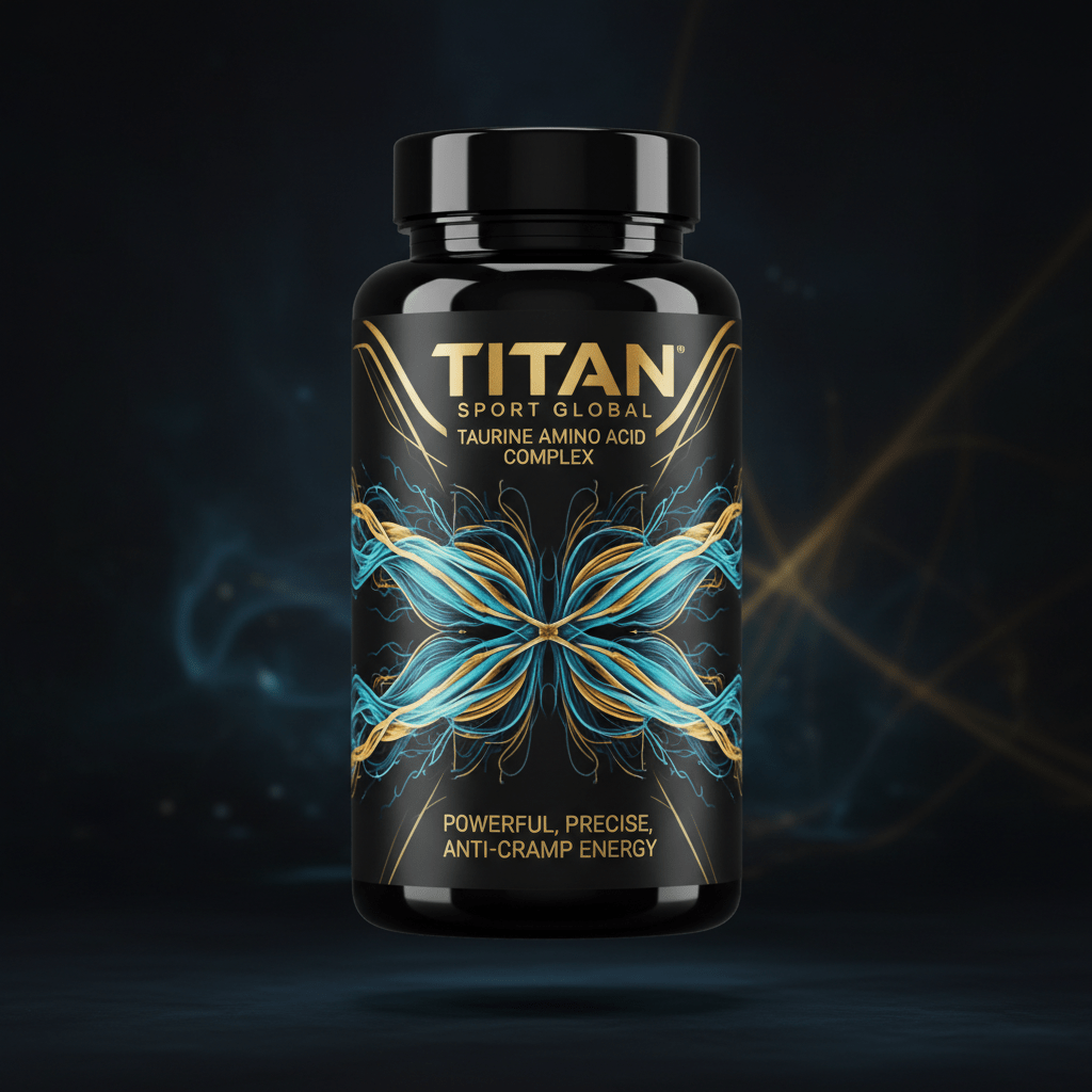 TITAN Taurine Amino Acid Complex black glass bottle with 24K gold accents and electric muscle fiber contraction artwork in ocean blue, aqua and gold