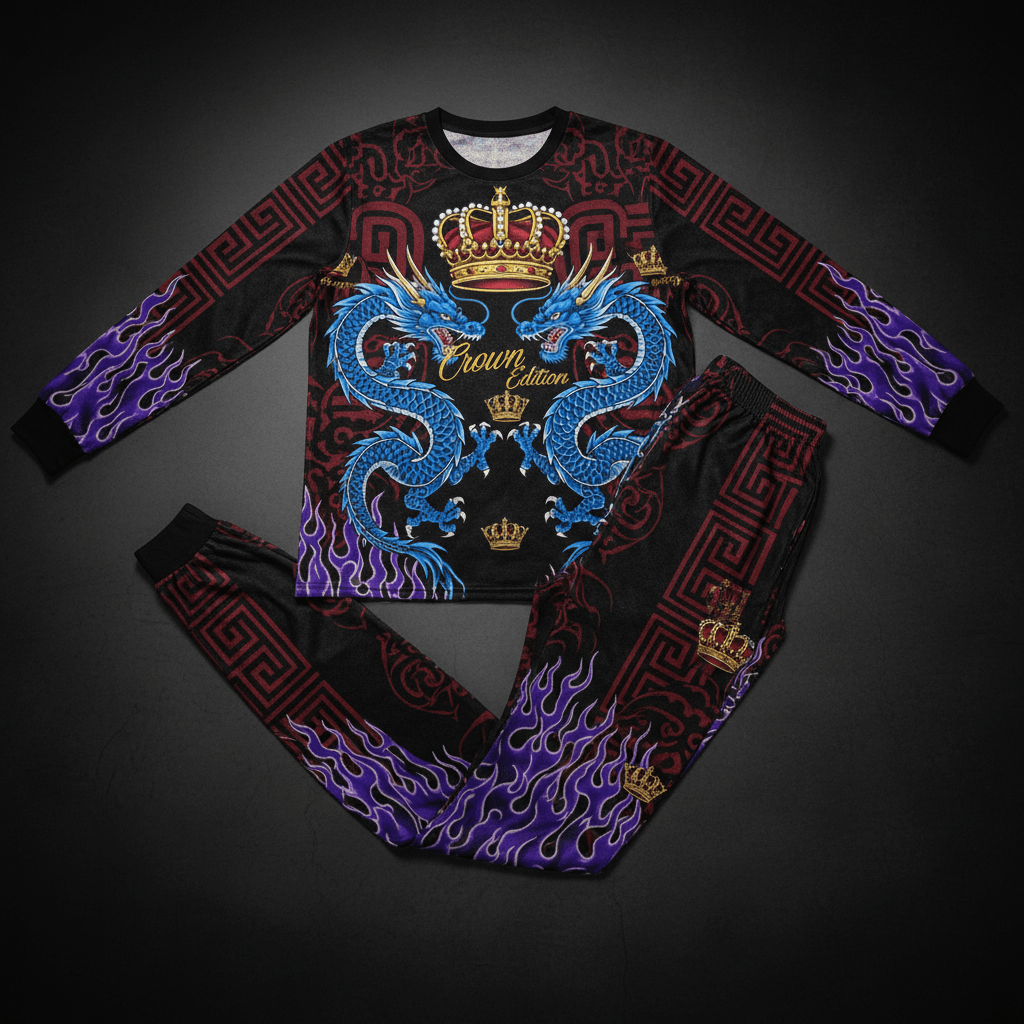 TITAN Crown Edition Tattoo Art Men's Lounge Pajama Set - bold colorful tattoo artwork on matte black modal fabric