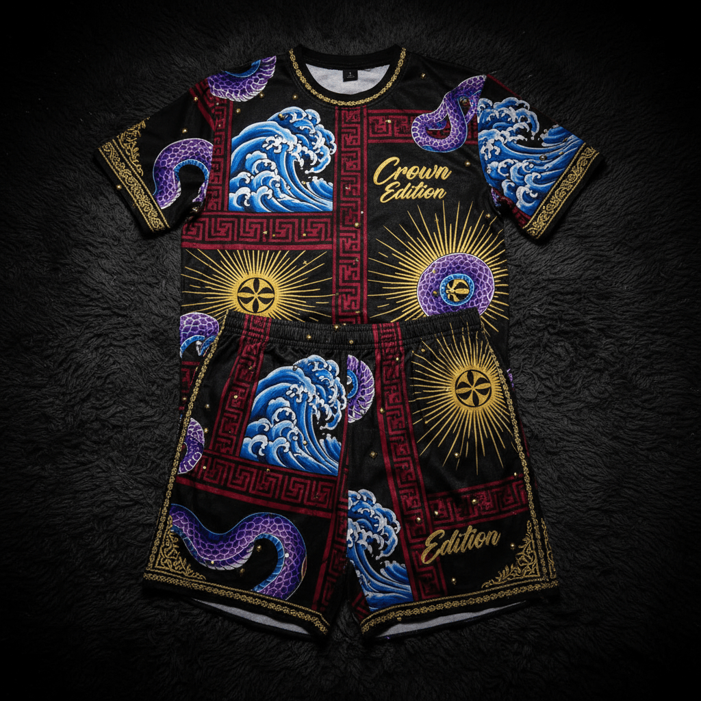 TITAN Crown Edition Tattoo Art Men's Summer Lounge Matching Set - bold colorful tattoo artwork on matte black fabric