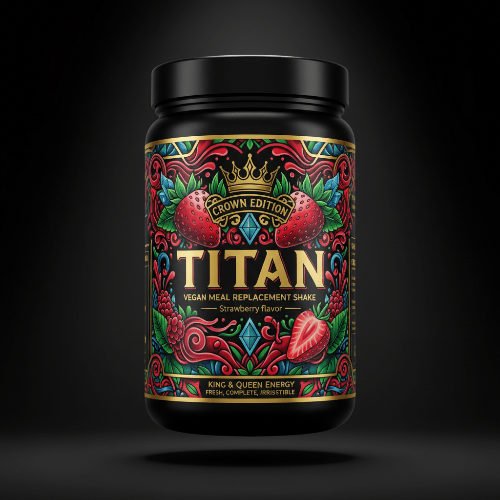 TITAN Vegan Meal Replacement Shake — Strawberry, Crown Edition tattoo-style artwork
