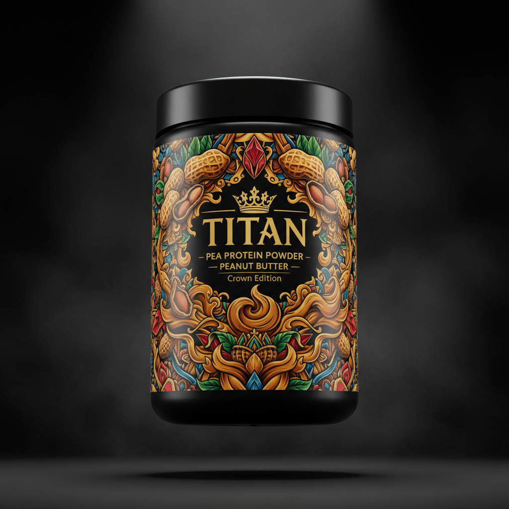 TITAN Pea Protein Powder — Peanut Butter, Crown Edition tattoo-style artwork