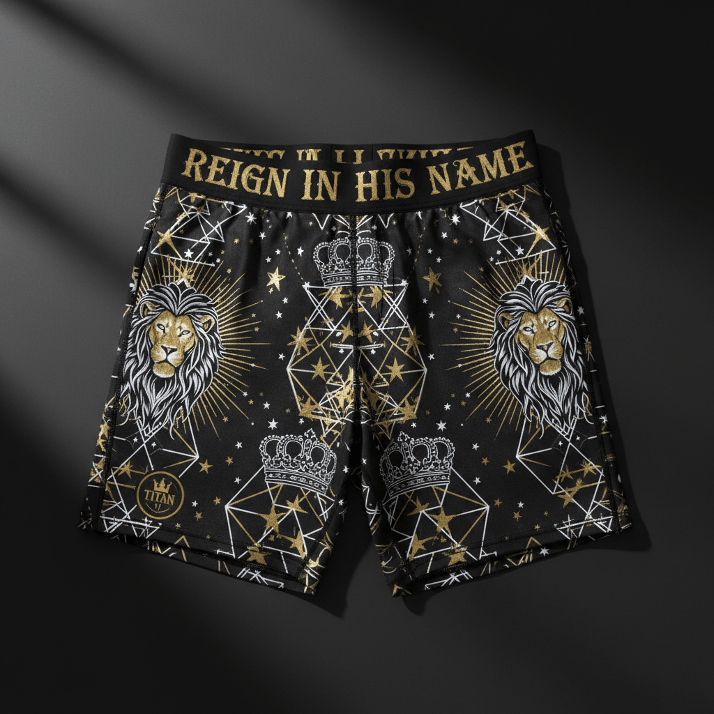 TITAN Men's Shorts Reign In His Name Crown Edition flat lay