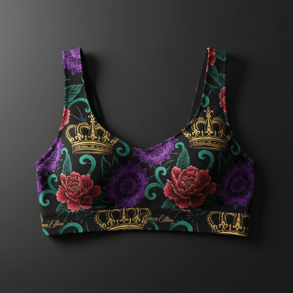 TITAN Crown Edition Tattoo Art Women's Lounge Bralette - bold colorful tattoo artwork on matte black fabric