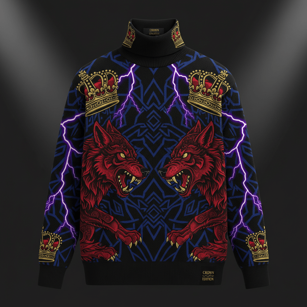 TITAN Crown Edition Tattoo Art Men's Lounge Turtleneck Sweater - bold colorful tattoo artwork on matte black knit fabric