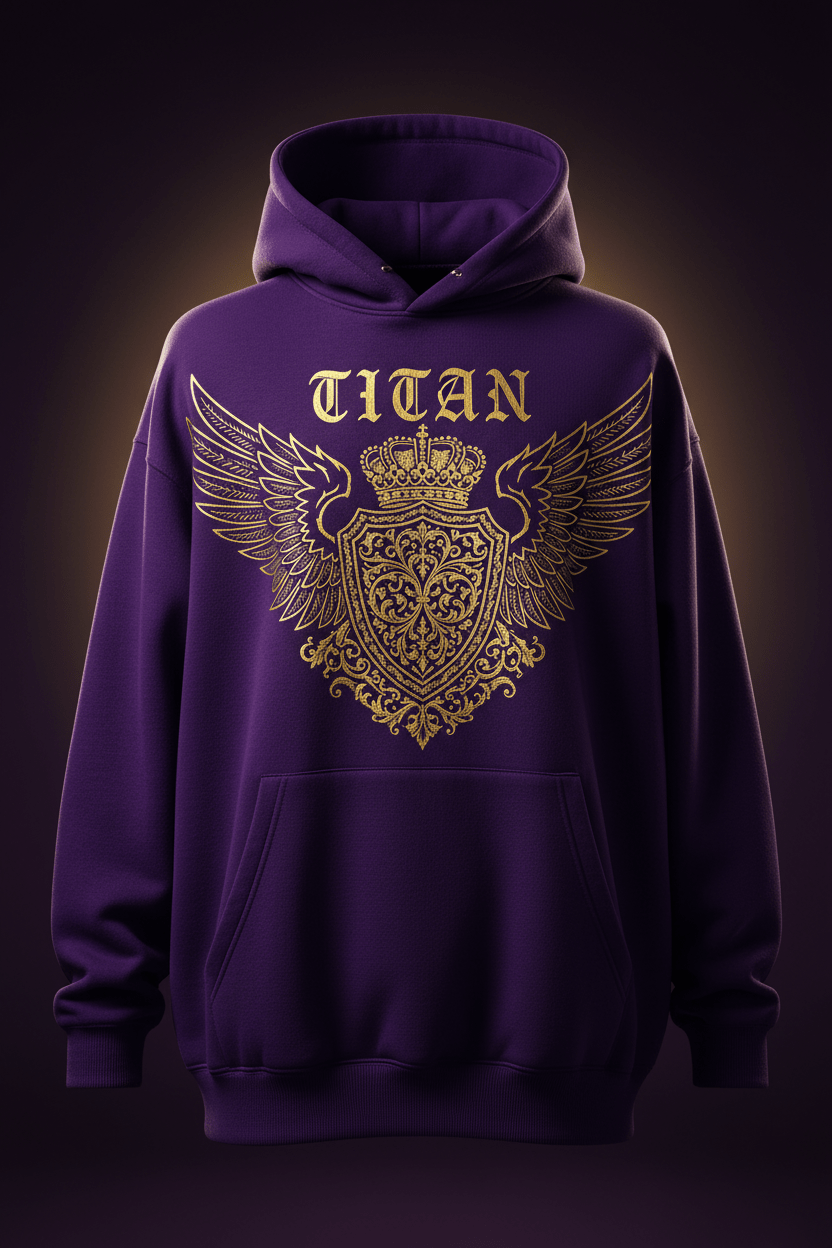 TITAN Eagle Crown Oversized Hoodie in Royal Purple with gold eagle crown graphic