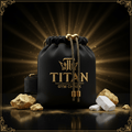 Black Titan gym chalk bag with gold drawstring, embroidered gold logo, and gold accents on a dark, radiant background.