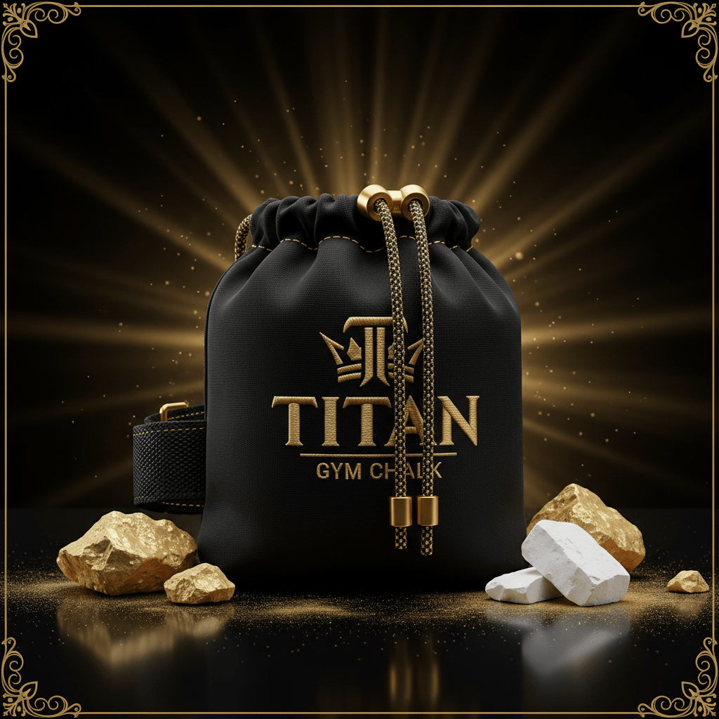 Black Titan gym chalk bag with gold drawstring, embroidered gold logo, and gold accents on a dark, radiant background.