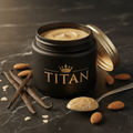 TITAN Almond Butter Vanilla Bean Crown Edition — premium wide-mouth black glass jar product shot