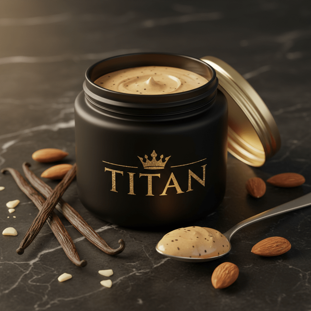 TITAN Almond Butter Vanilla Bean Crown Edition — premium wide-mouth black glass jar product shot