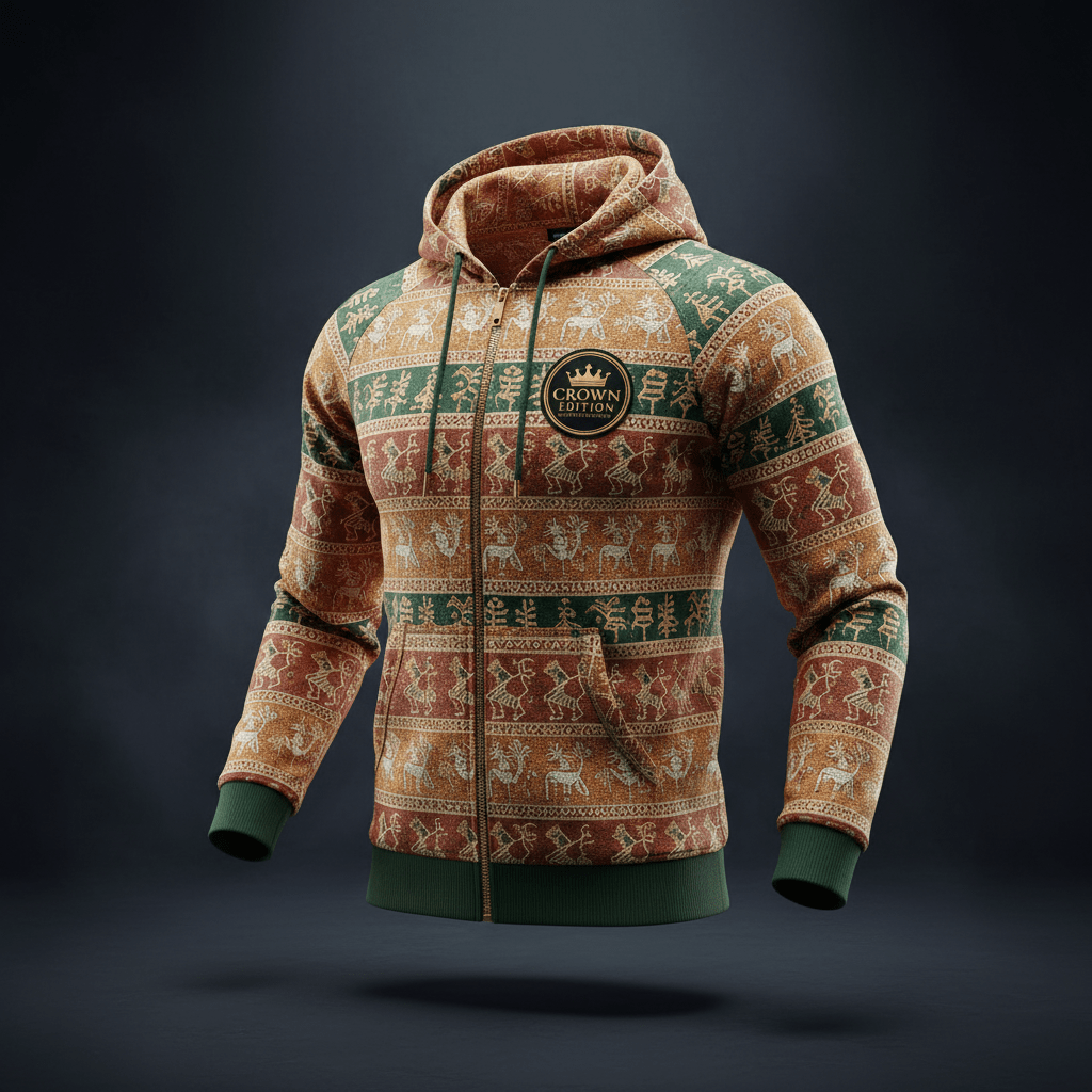 TITAN Indian Warli Tribal Zip-Up Hoodie — Earth Spirit Edition