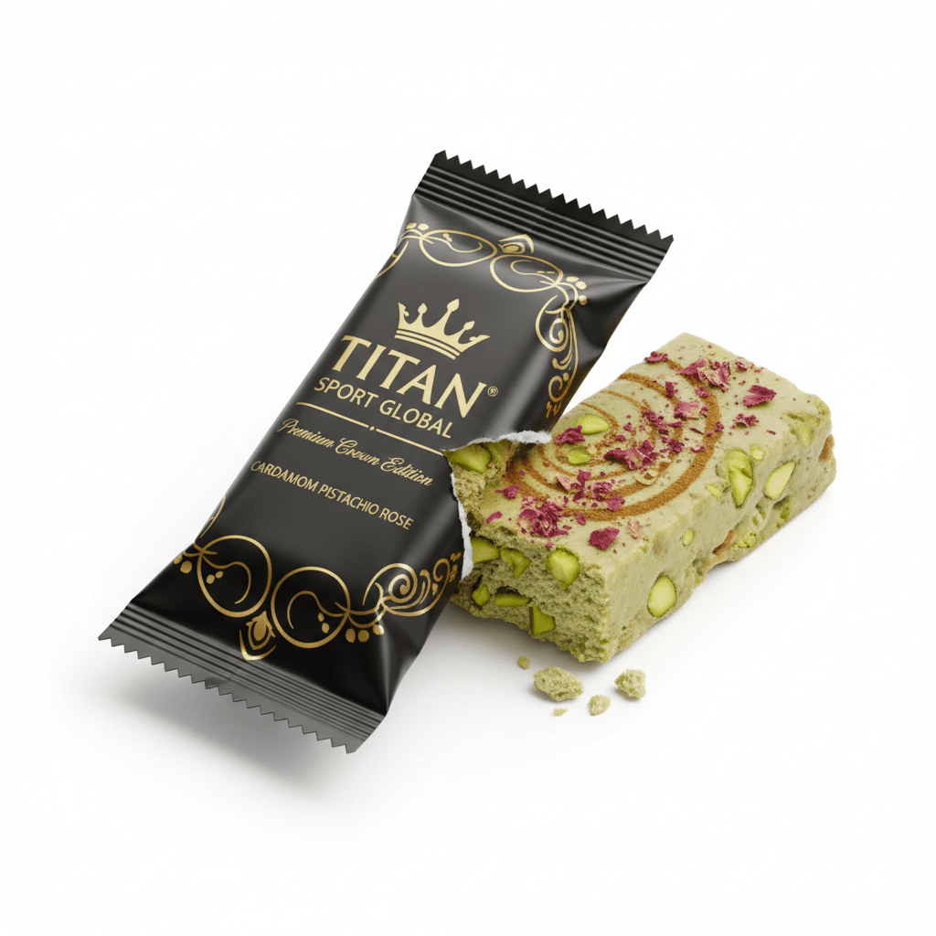 Crown Edition Cardamom Pistachio Rose Protein Bar — matte black gold foil wrapper