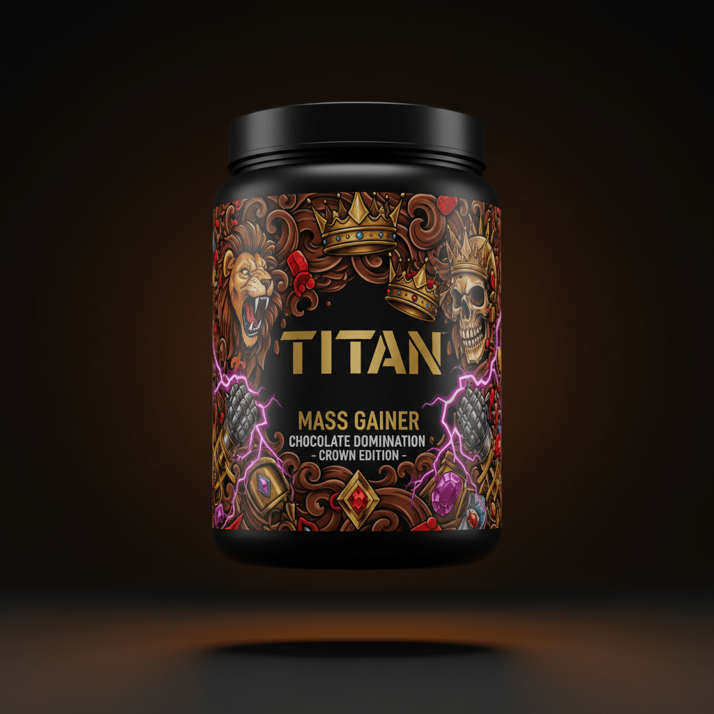 TITAN Mass Gainer Chocolate Domination - Crown Edition tattoo-style artwork