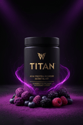 TITAN Acai Protein Powder Berry Blast — bold acai bowl-inspired canister with deep purple acai clusters, mixed dark berries and midnight violet-purple lighting