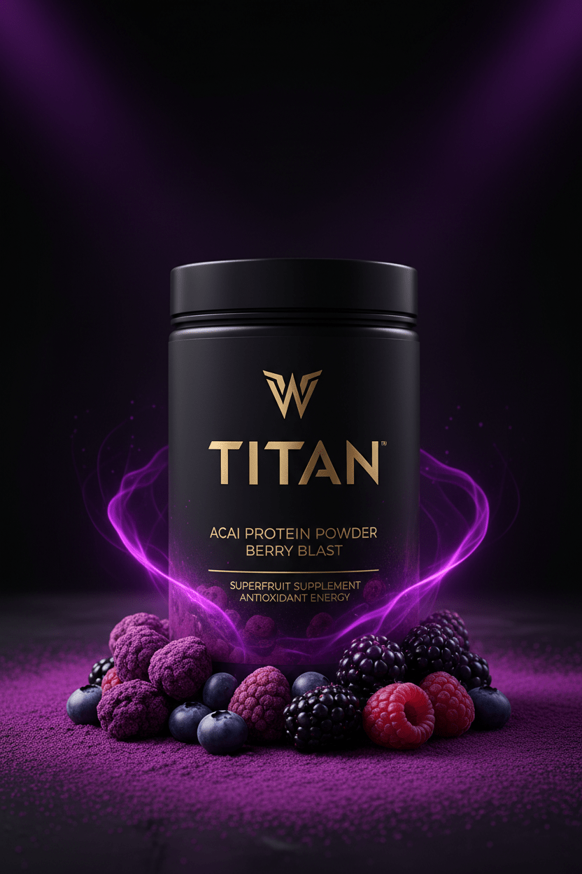 TITAN Acai Protein Powder Berry Blast — bold acai bowl-inspired canister with deep purple acai clusters, mixed dark berries and midnight violet-purple lighting