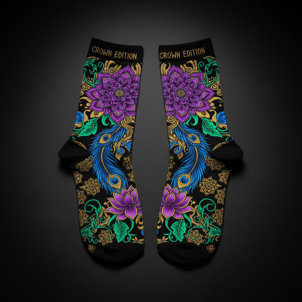 TITAN Crown Edition Tattoo Art Grip Socks - bold colorful tattoo artwork on matte black fabric