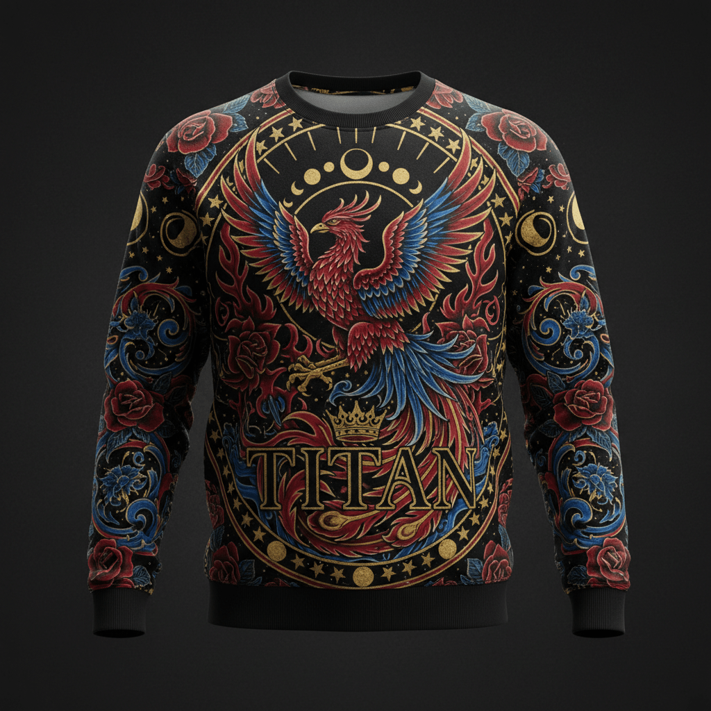 TITAN Printed Crew Neck Sweatshirt — Rising Phoenix tattoo-style artwork in crimson and royal blue