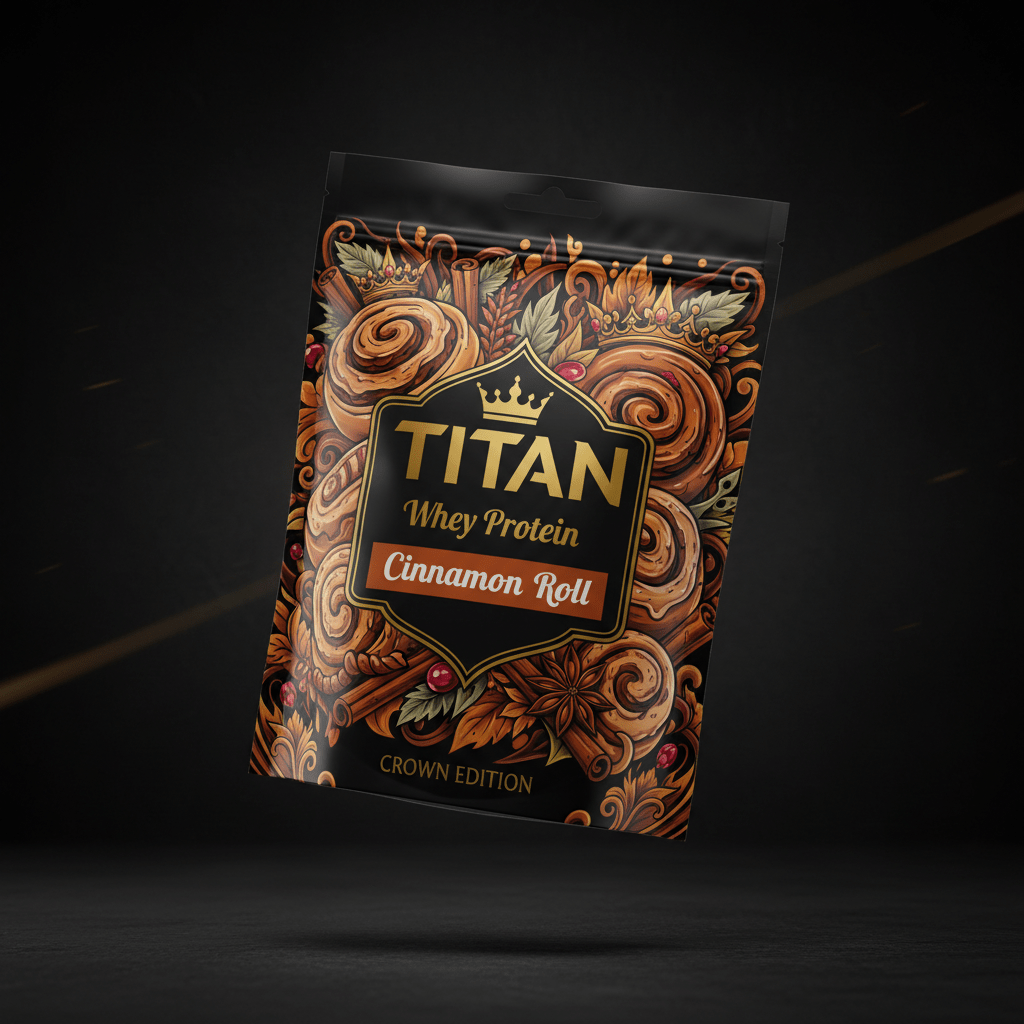 TITAN Whey Protein Cinnamon Roll - Crown Edition tattoo-style artwork