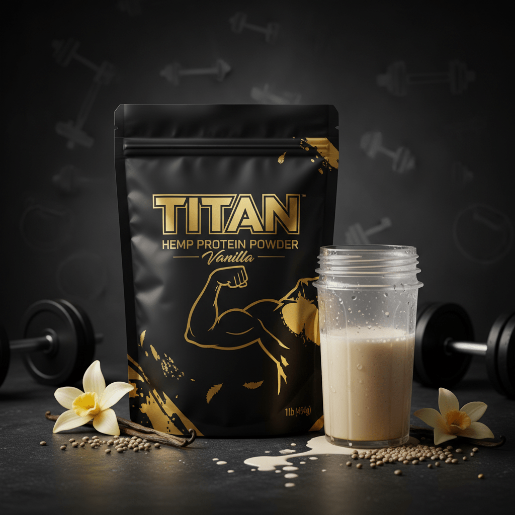 TITAN Hemp Protein Powder - Vanilla 1lb bag premium black and gold branding