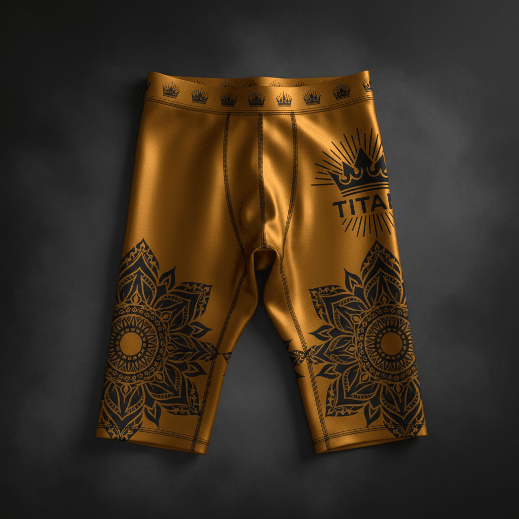 TITAN Unisex Full Leg Compression Slimming Shorts Amber Gold Mandala Crown Edition flat lay
