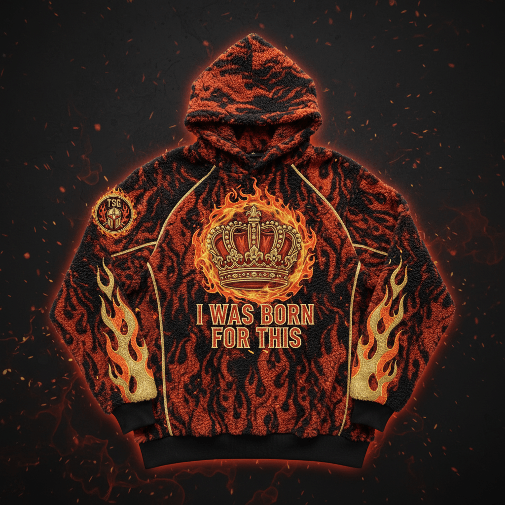 TITAN Warrior Born Sherpa Hoodie Crown Blaze blood orange black flame texture warrior streetwear