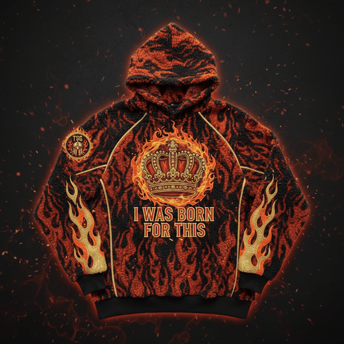 TITAN Warrior Born Sherpa Hoodie Crown Blaze blood orange black flame texture warrior streetwear