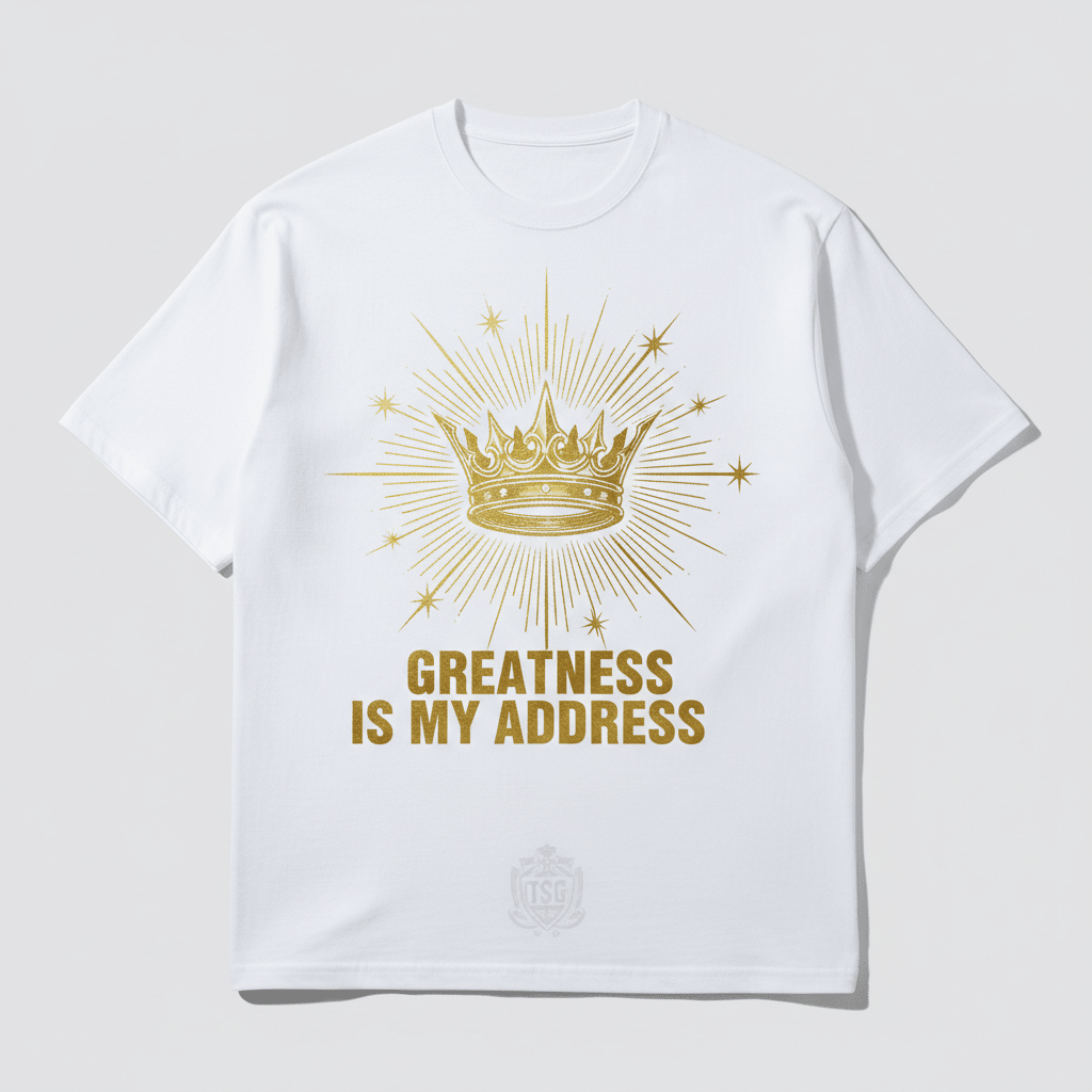 TITAN Greatness Lives Here Oversized Tee Crown Halo white gold divine light warrior streetwear