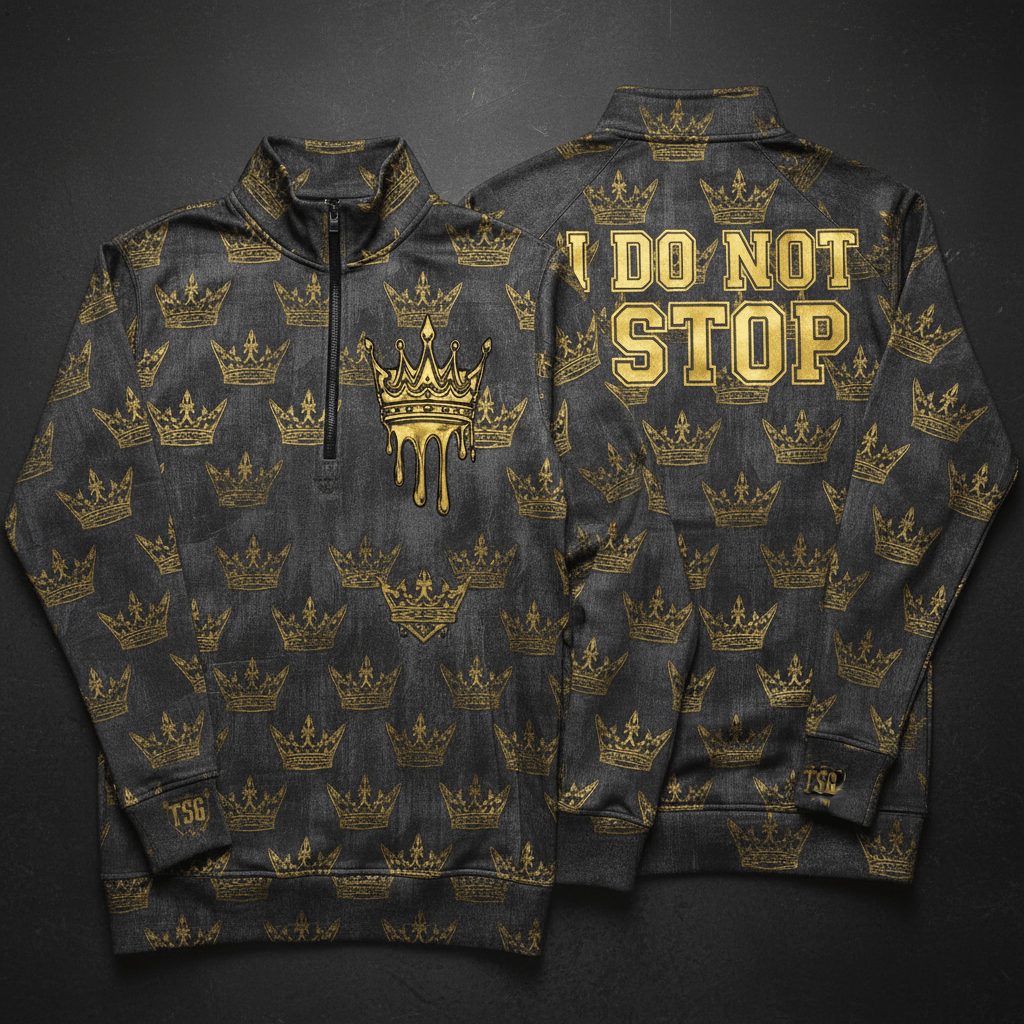 TITAN Relentless Quarter-Zip Pullover Iron Crown phantom grey molten gold brushed metal warrior streetwear