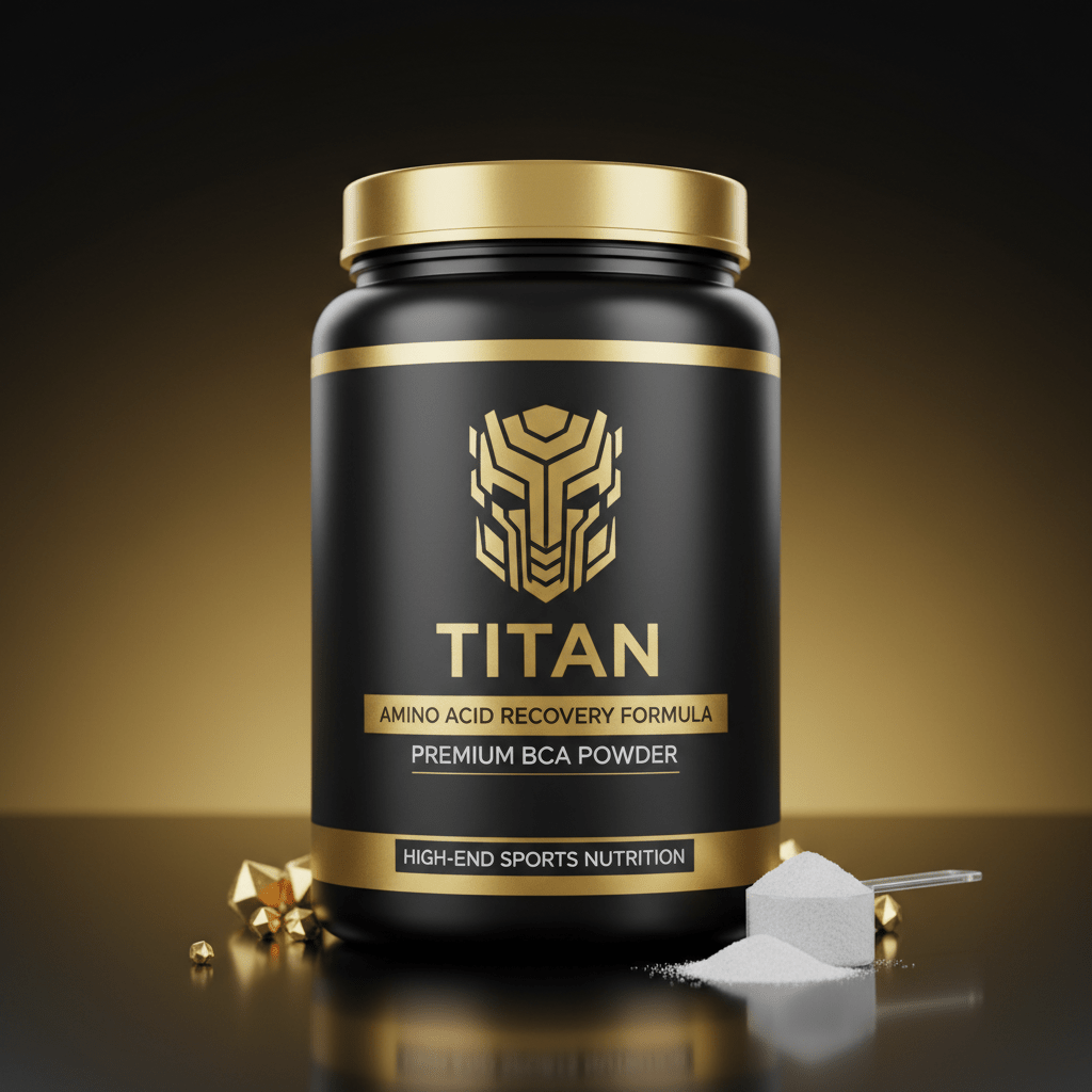 Black jar with gold lid and logo, labeled TITAN Amino Acid Recovery Formula with a scoop of powder on a gold surface.