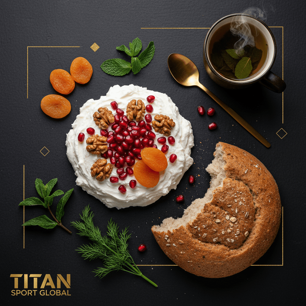 TITAN Uzbek Suzma Yogurt Power Breakfast flat lay dark luxury