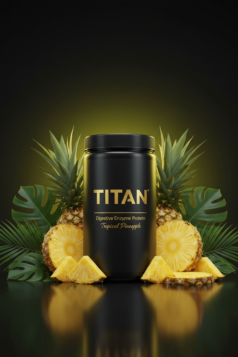 TITAN Digestive Enzyme Protein Tropical Pineapple — bright tropical canister with fresh pineapple wedges, rings and tropical palm leaves