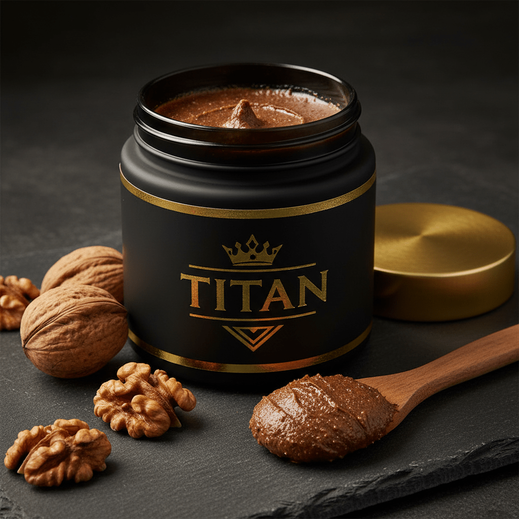 TITAN Walnut Butter Raw & Smooth Crown Edition — premium wide-mouth black glass jar product shot