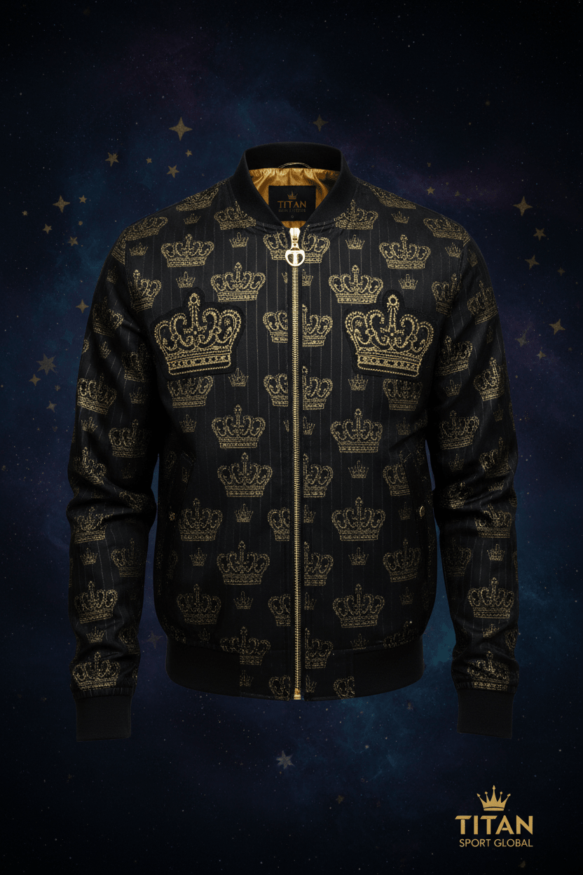 TITAN Men's Midnight Gold Crown Bomber Jacket flat lay Prestige SWAG Edition