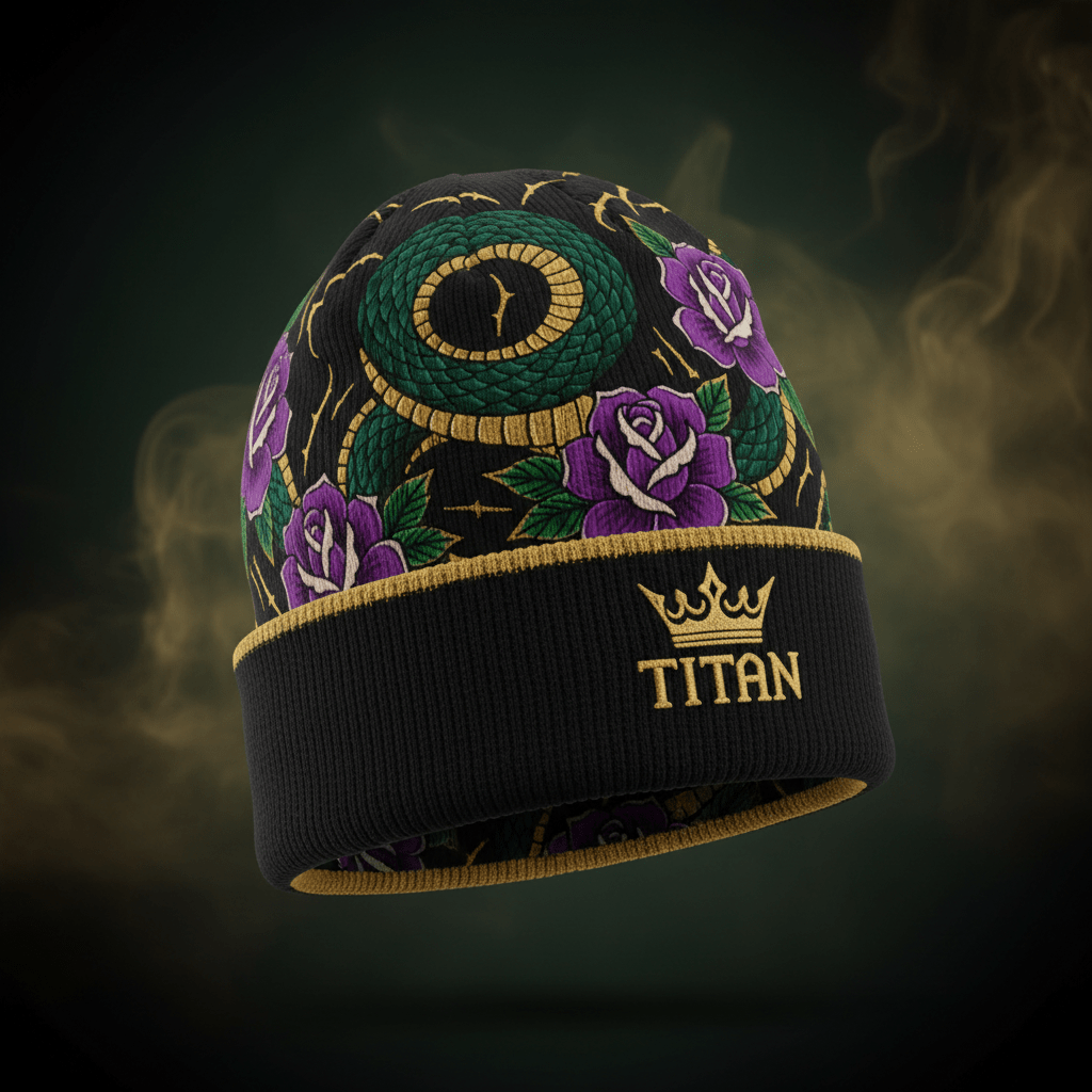 TITAN Elite Beanie Black & Gold — Mystical Serpent & Rose Edition