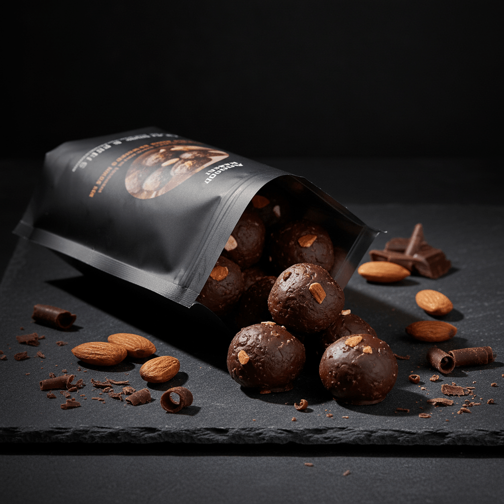 TITAN Protein Energy Bites – Dark Chocolate Almond, premium product photography