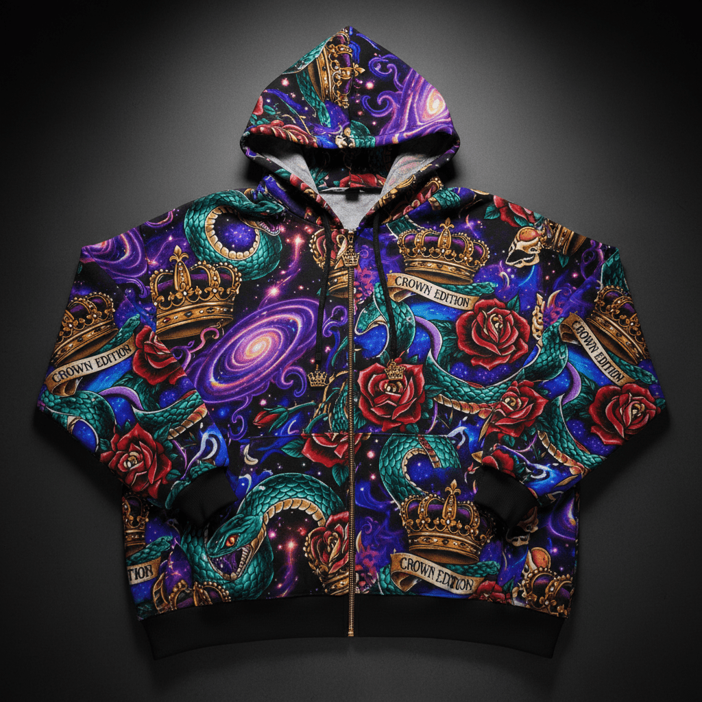 TITAN Crown Edition Tattoo Art Women's Lounge Zip-Up Hoodie - bold galaxy serpent tattoo artwork on matte black fleece