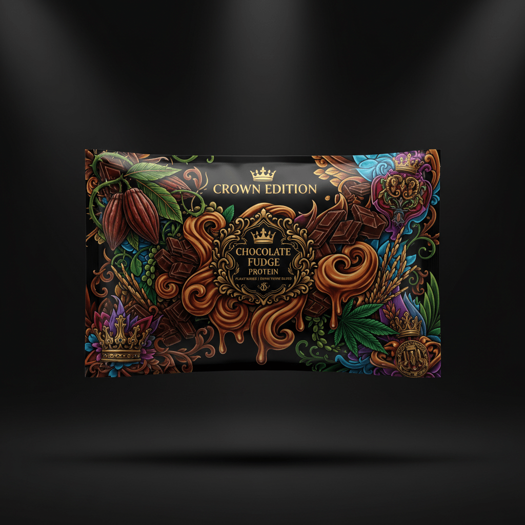 TITAN Plant Protein Powder Chocolate Fudge — Crown Edition bold tattoo-style artwork