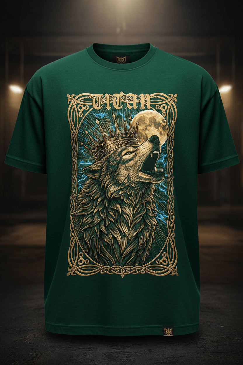 TITAN Wolf Crown Graphic Tee in Forest Gold with gold wolf crown graphic