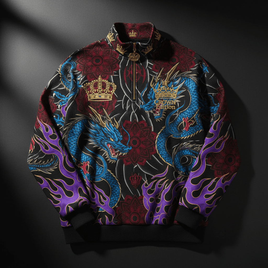 TITAN Crown Edition Tattoo Art Men's Lounge Quarter-Zip Pullover - bold dragon mandala tattoo artwork on matte black heavyweight fabric