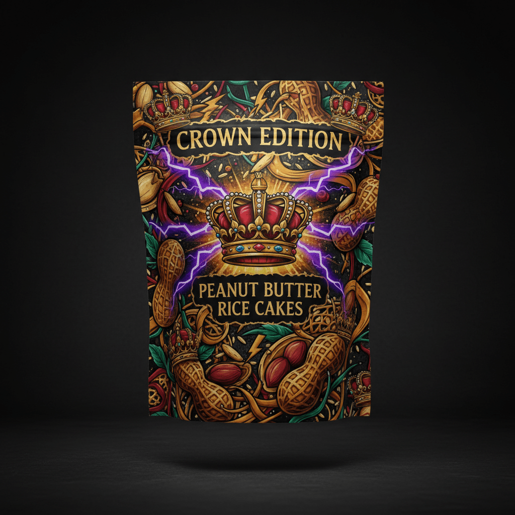 TITAN Rice Cakes Peanut Butter Flavor — Crown Edition bold tattoo-style artwork