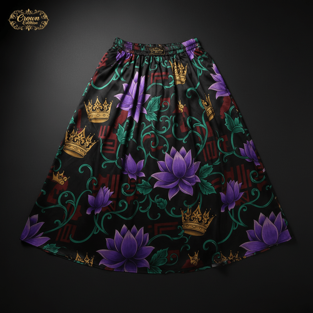 TITAN Crown Edition Tattoo Art Women's Lounge Midi Skirt - bold colorful tattoo artwork on matte black satin fabric